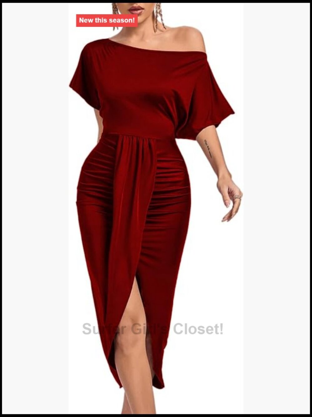 Off Shoulder Ruched Wrap Midi Dress with Front Slit